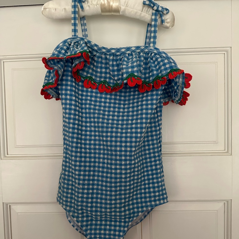 Mini Boden Blue and White seersucker cherry detail Swimsuit - Picture 2 of 7
